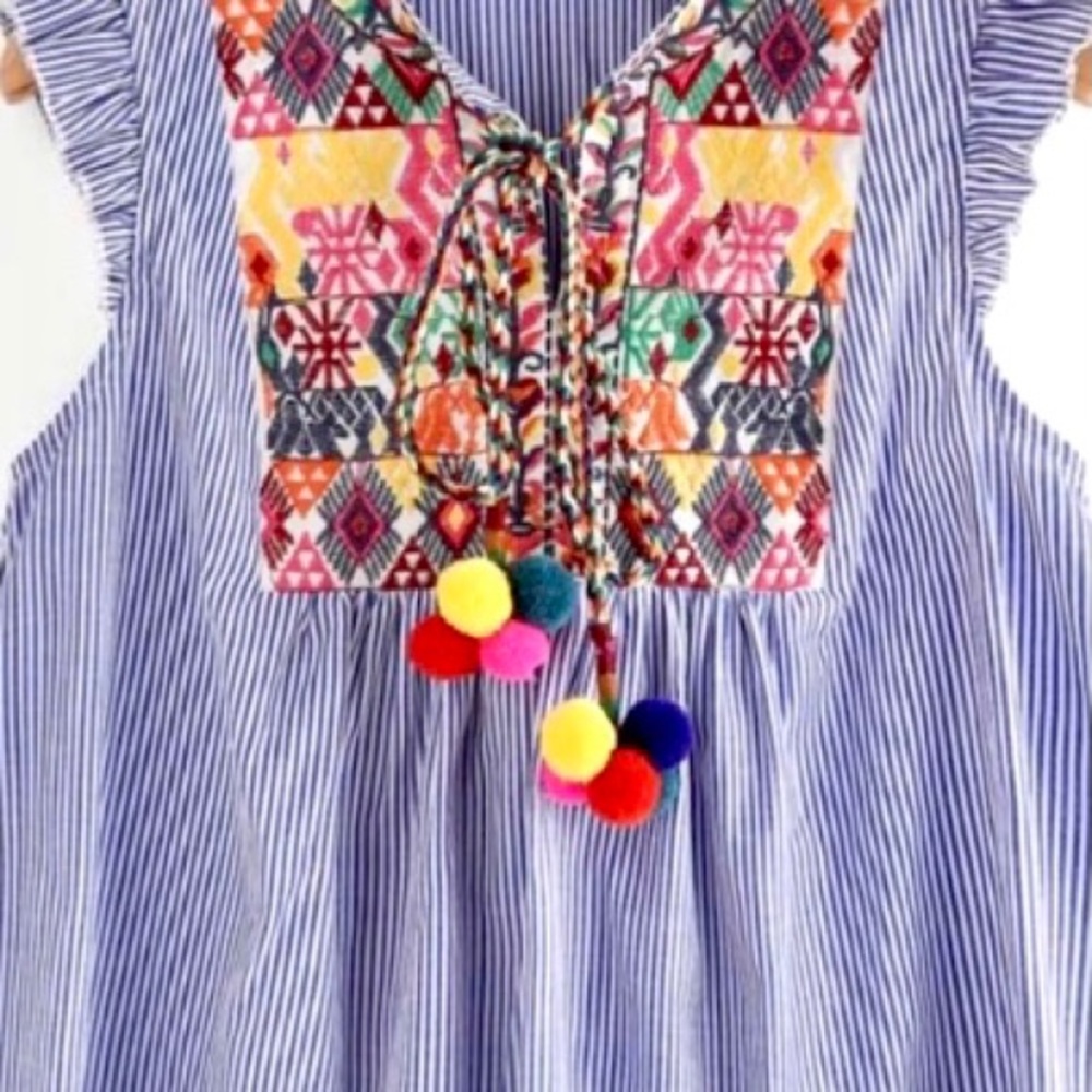 Shein Boho Pom Pom Tie Festive Seersucker Blouse